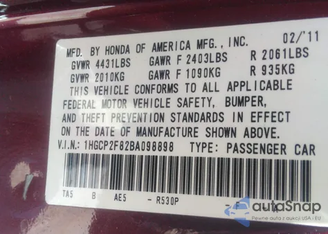 2011 Honda Accord 2.4 Ex-L from USA, damaged, VIN 1HGCP2F82BA098898